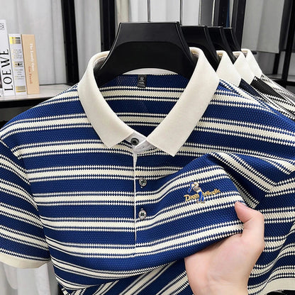 2025 Summer New Men's Polo Shirt Business Casual Collar Short Sleeve Men's Fashion Printed Stripe Half Sleeve Top