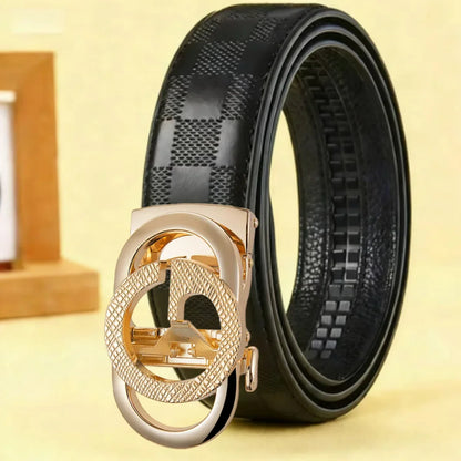 Cross-Border Men's Automatic Buckle Checkered Top Layer Cowhide Belt Business Casual Versatile Letter Waist Belt Wholesale