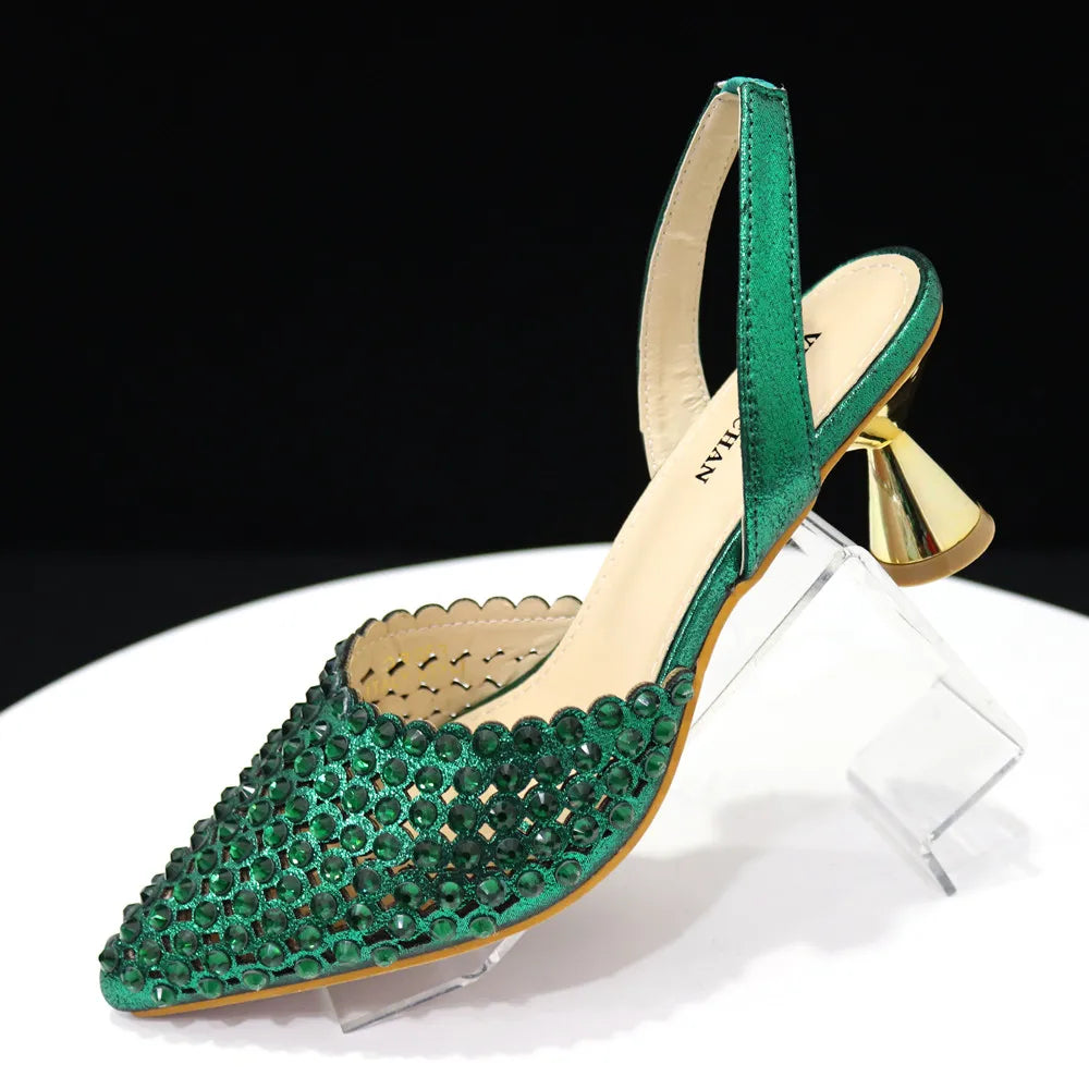 High-Heeled Pointed Toe Wedding Shoes Colorful Full Diamond Design Shoe and Bag Set for Nigeria Party