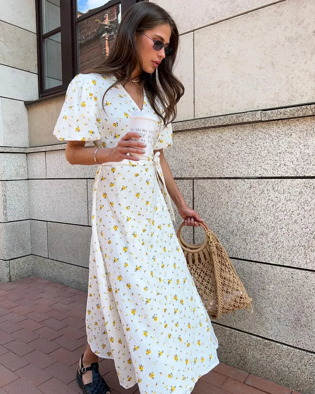 Summer Women Psrinted Dress Lace Up Short Sleeve Fashion Office Lady Long Dress 100% Cotton Daily Casual V-neck Skirt
