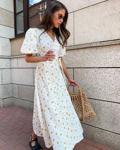 Summer Women Psrinted Dress Lace Up Short Sleeve Fashion Office Lady Long Dress 100% Cotton Daily Casual V-neck Skirt