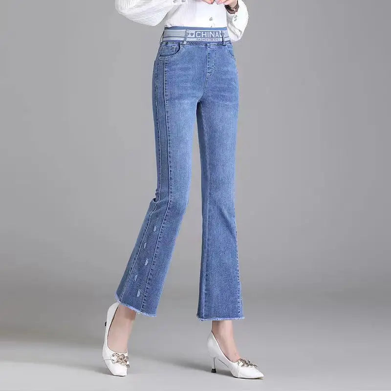 Elastic Waist Flare Nine Points Boot Cut Women Clothing Jeans