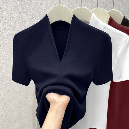 V Neck Slim T Shirt Women Cotton Elastic Basic Solid Female Casual Tops Short Sleeve Thin T-shirts