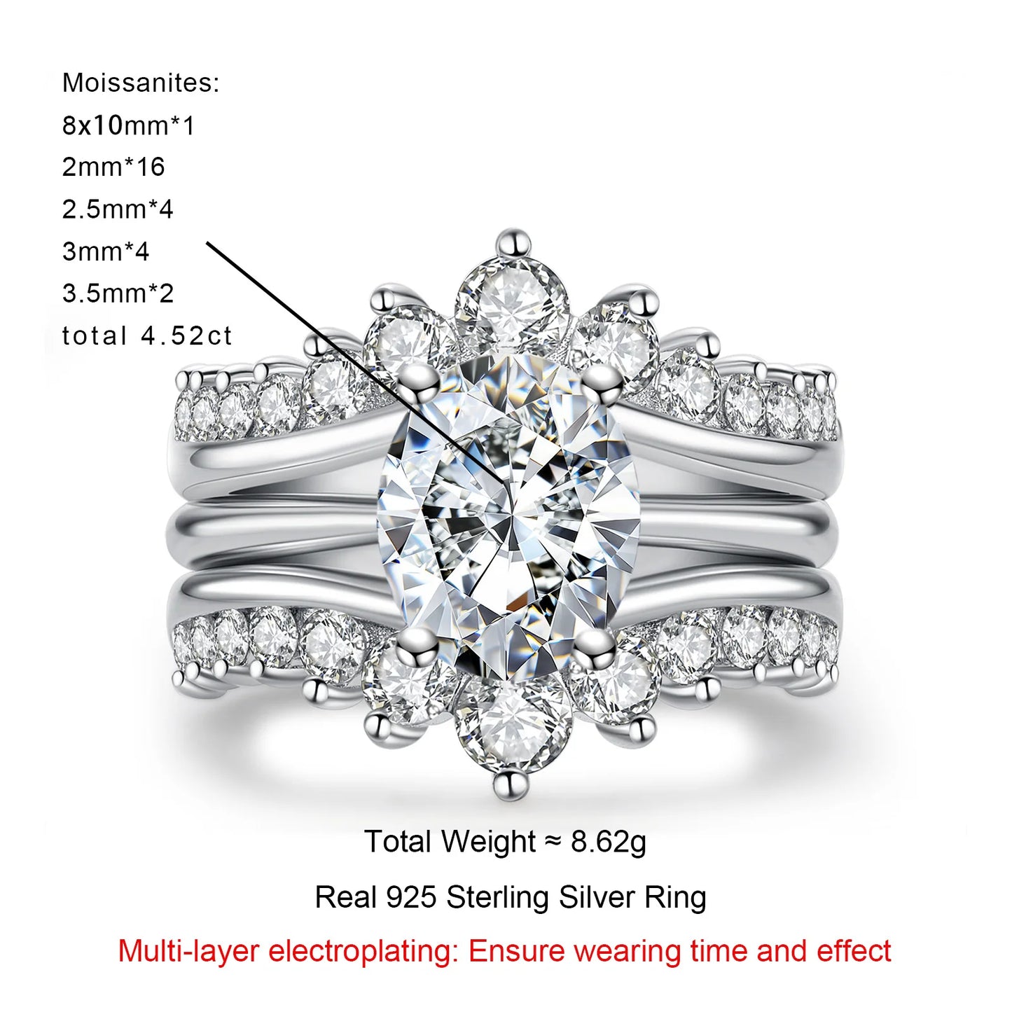 3ct Oval Moissanite Wedding Bands 18k Gold Plated 925 Sterling Silver Bridal Rings Set for Girls Jewelry Wholesale