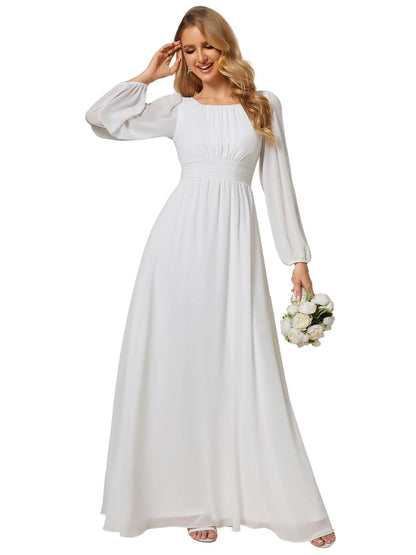Women's Crewneck Lantern Sleeves Bridesmaid Dresses For Wedding Flowy A-Line Pleated Floor Length Chiffon Formal Evening Dresses