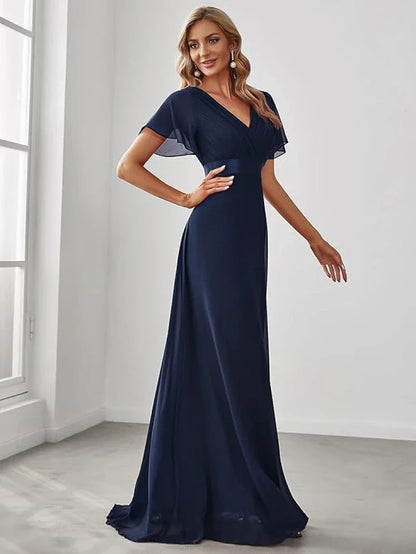 Empire Evening Dresses Cross V-Neck Tulle Short Sleeve Sashes Wedding Dress Sexy Backless Women's Formal Party Gowns