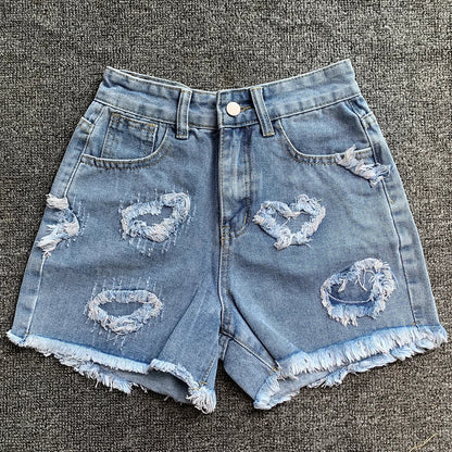 Korean Summer Y2K High Waist Jorts LOVE Heart Shaped Pattern Women's Denim Shorts Casual Jeans Chic Straight Washed Hot Pants