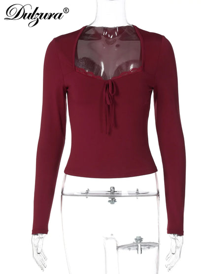 Autumn Latest Fashion Sexy Square Collar Long Sleeve Slim Lace Up Lace Ruffles Patchwork T-Shirt Party Club Clothes