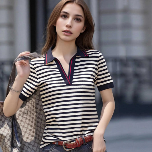Women's T-shirt New Knitted Simple Stripe V-neck Women's Top