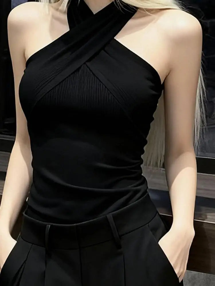 Solid Cross  Tank Top Women Sleeveless Chic 2000s Clothes Y2k Summer Tops New 2026 Korean Fashion Gothic Tanks Tshirt