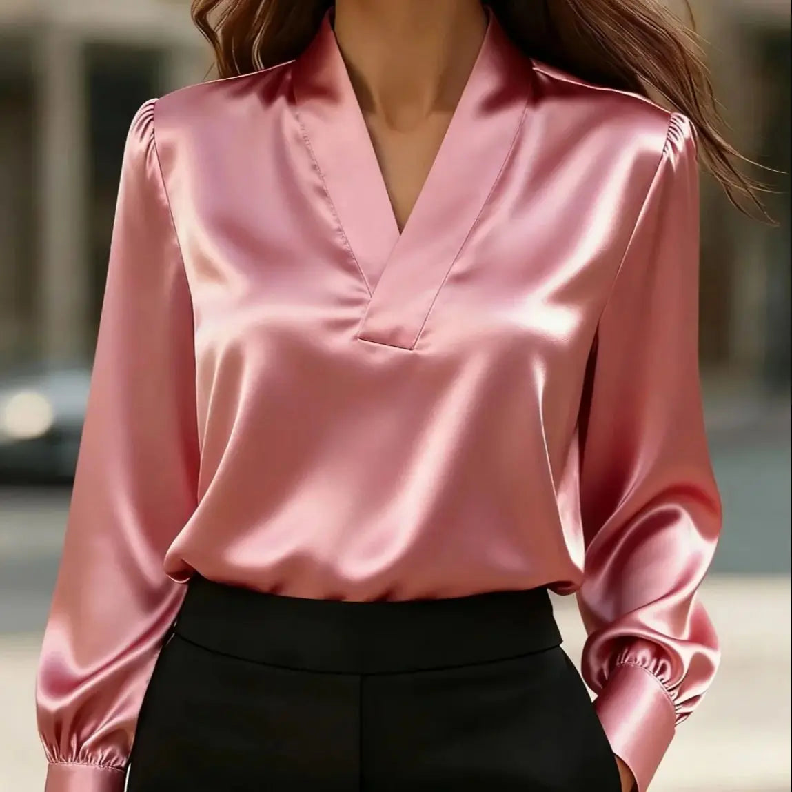 Elegant V-Neck Long Sleeve Blouse for Women Soft Satin Office Chic Top