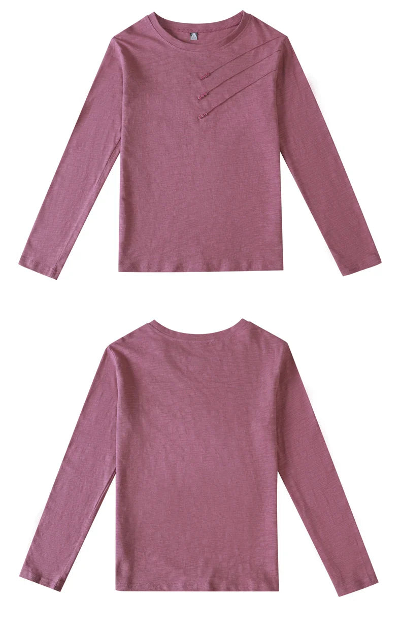 Summer Women Ribbed Cotton Tee-Shirts Female Button Loose Casual Fashion T-shirts 2026 Long Sleeve O-Neck Korea Tops