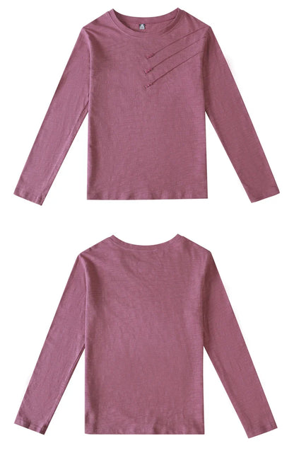 Summer Women Ribbed Cotton Tee-Shirts Female Button Loose Casual Fashion T-shirts 2026 Long Sleeve O-Neck Korea Tops
