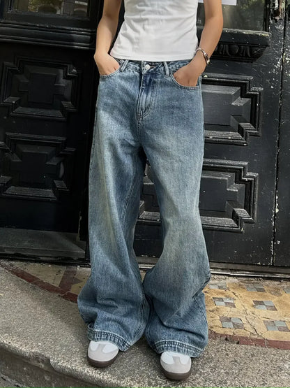Vintage Aesthetic Emo Loose Washed Pants 2024 Summer Women's Casual Blue Harajuku Jeans Y2K Wide Leg Punk Baggy Denim Trouser