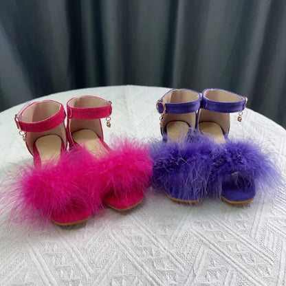 Toddler Girls Sandals Summer Low-heels Children's Sandals Open-toe Princess Fluffy New Versatile Kids Fashion Ankle-strap Shoes