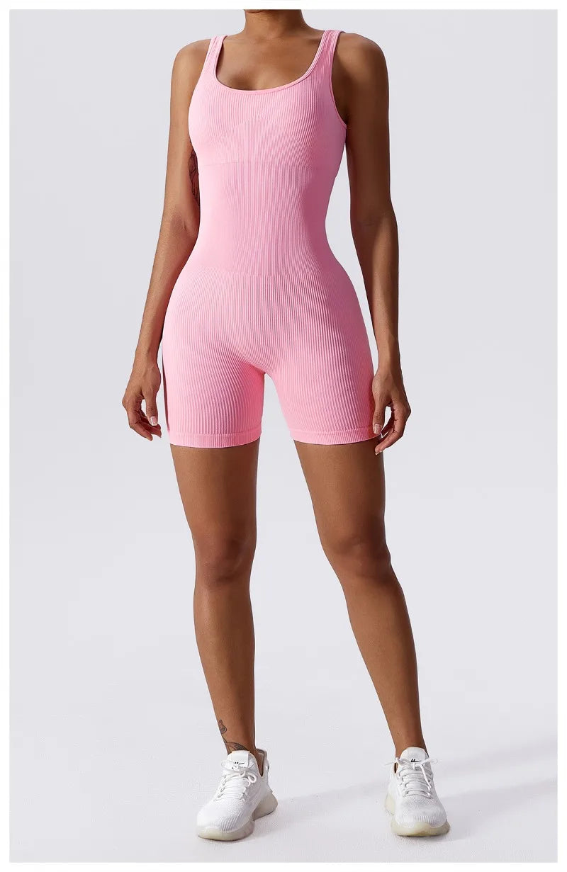 Women's Yoga Rompers One Piece Tummy Control Seamless Ribbed Jumpsuit Padded Sports Bra Workout Romper Fashion Fitness Sportwear