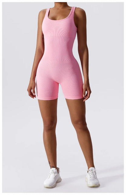 Women's Yoga Rompers One Piece Tummy Control Seamless Ribbed Jumpsuit Padded Sports Bra Workout Romper Fashion Fitness Sportwear