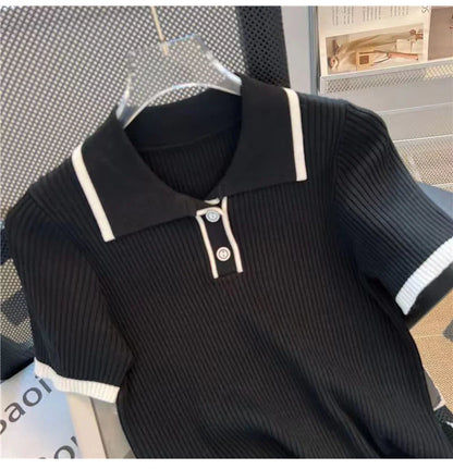 Ice silk knitted short sleeved T-shirt for women's summer 2024 new fashionable and stylish polo shirt top