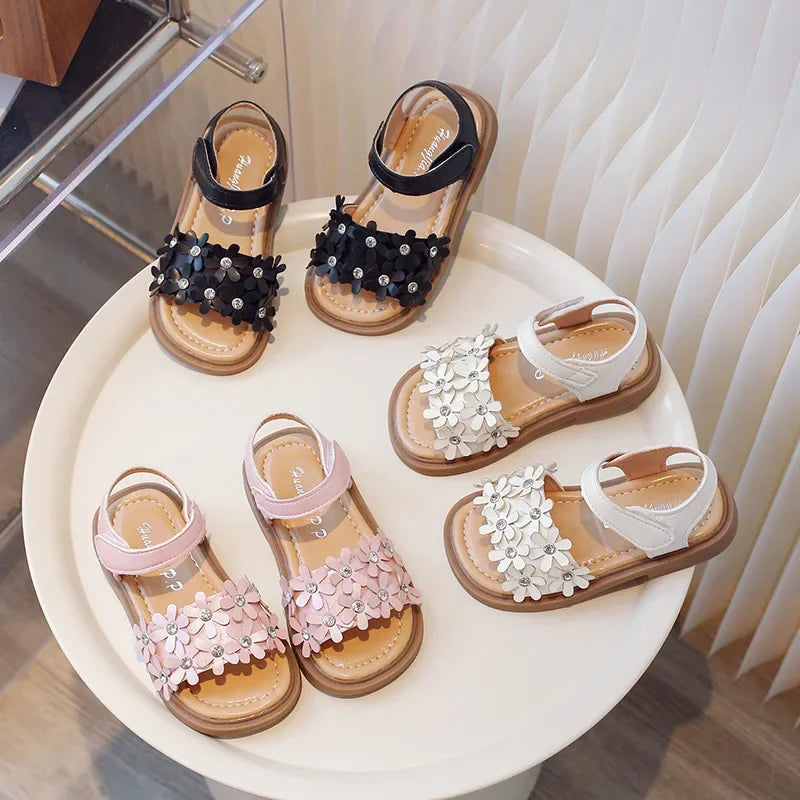 Little Girls Floral Bohemian Sandals with Beads Princess Sweet Kids Summer Shoes Open Toes Anti-skid Size 22-31Hook & Loop Cute