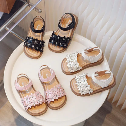 Little Girls Floral Bohemian Sandals with Beads Princess Sweet Kids Summer Shoes Open Toes Anti-skid Size 22-31Hook & Loop Cute