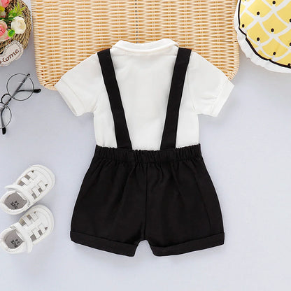 0-24 Months Newborn Baby Boy Gentlemen Clothes Set Bowtie Short Sleeve Cotton Romper+Suspender Pant Toddler Summer 2PCS Outfits