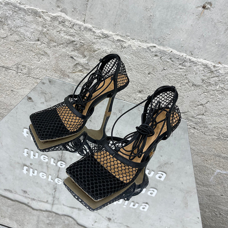 2025 Summer Sexy Mesh Pumps Sandals Female Square Toe High Heel Lace Up Cross-Tied Stiletto Hollow Dress Party Shoes