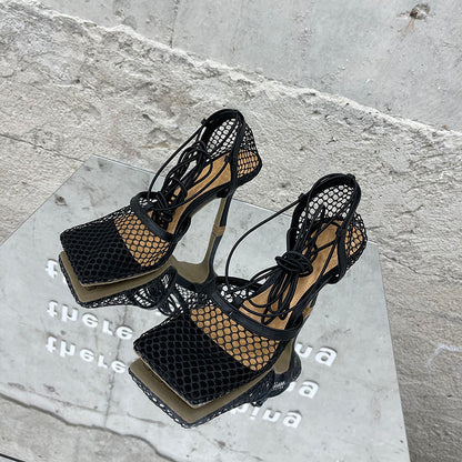 Summer Sexy Mesh Pumps Sandals Female Square Toe High Heel Lace Up Cross-Tied Stiletto Hollow Dress Party Shoes