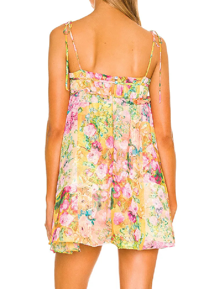 Flower Print Spaghetti Strap Mini Dress Women Backless Skater Lacing up Sling Robe Holiday