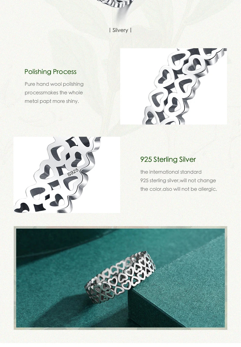 Vintage 925 Sterling Silver Hollow Out Heart To Heart Simple Style Stacking Rings For Women Fine Jewelry