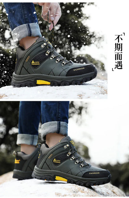 Winter Warm Cotton Shoes Men Outdoor Leather Black Casual Shoes Fur Sneakers High Top Rubber Ankle Boots Male Hiking Trekking 46