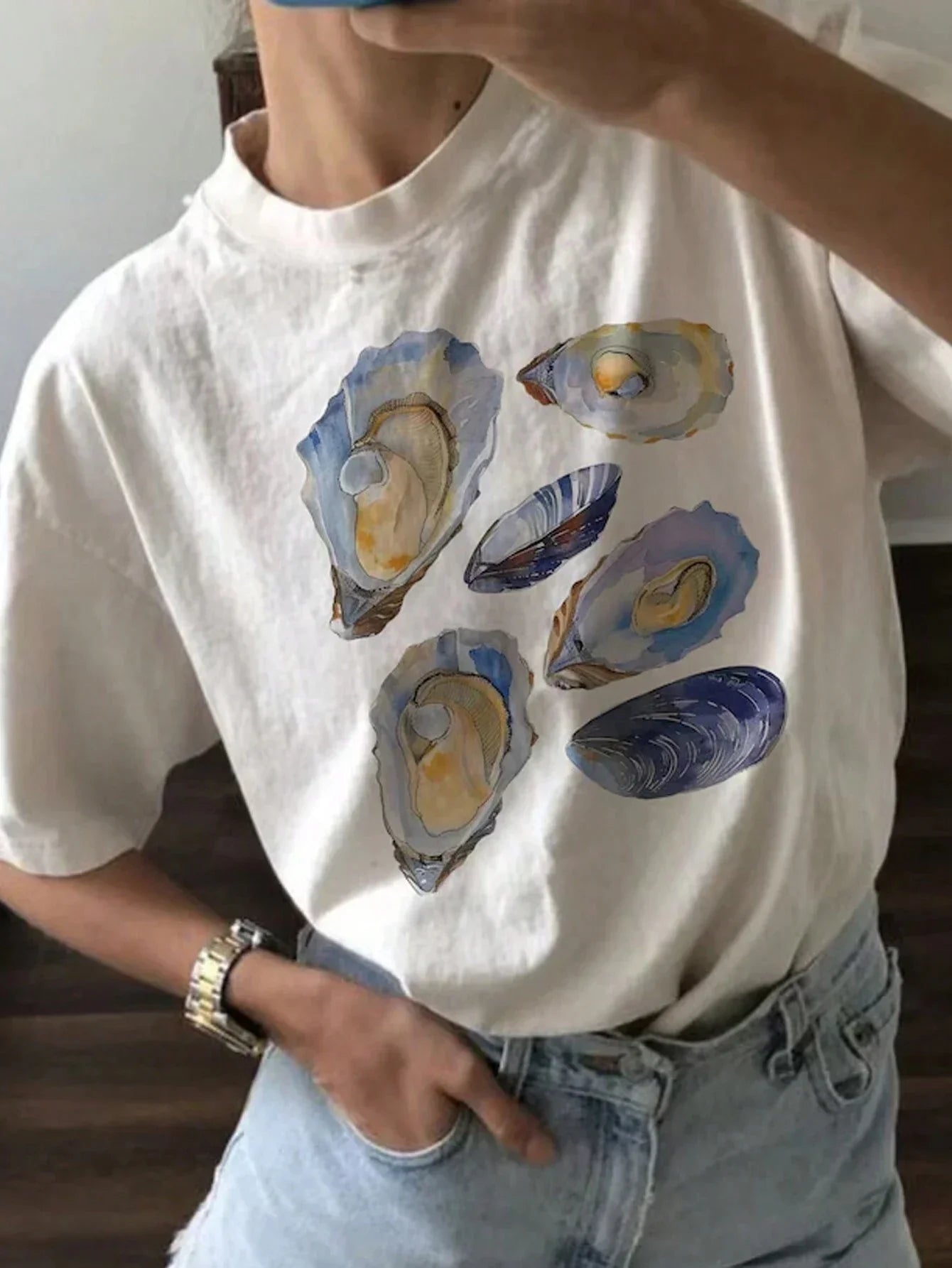 Beautiful Shell Pattern Print T-shirt American Ins Casual Regular Women Street Clothing Comfortable Y2k Loose T-shirt Tops