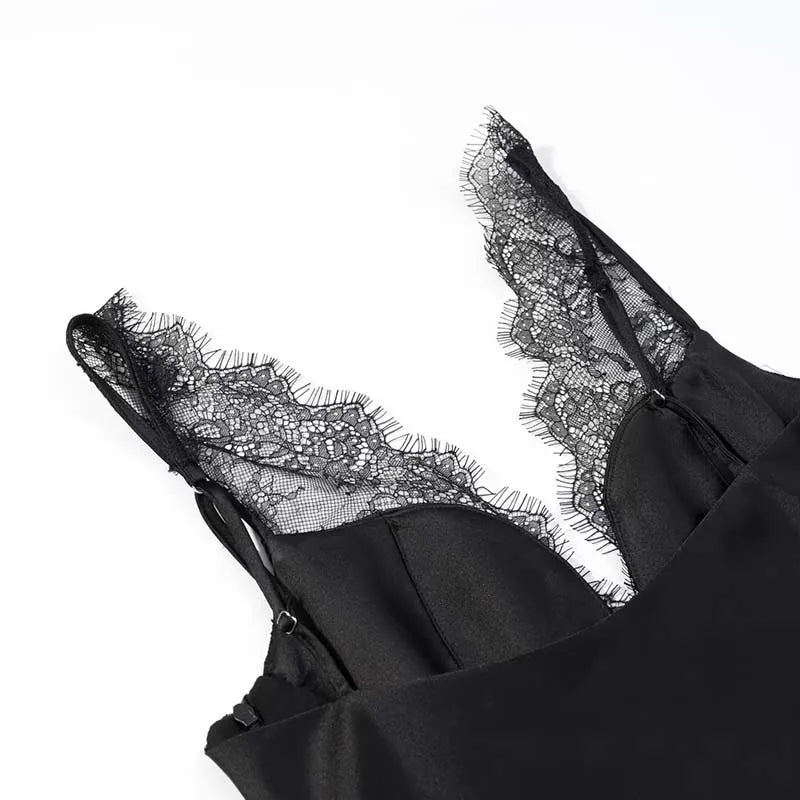 Black Satin Lace V-Neck Camisole Top for Women Cropped Y2k Harajuku Fashion Elegant Sleeveless Shirt Blouse Female