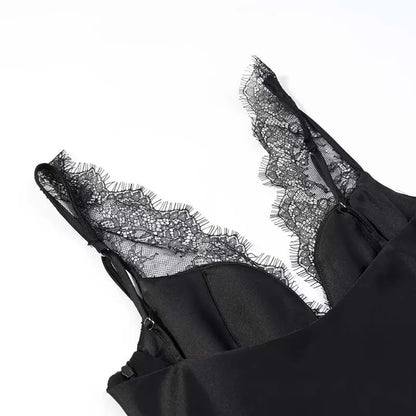 Black Satin Lace V-Neck Camisole Top for Women Cropped Y2k Harajuku Fashion Elegant Sleeveless Shirt Blouse Female