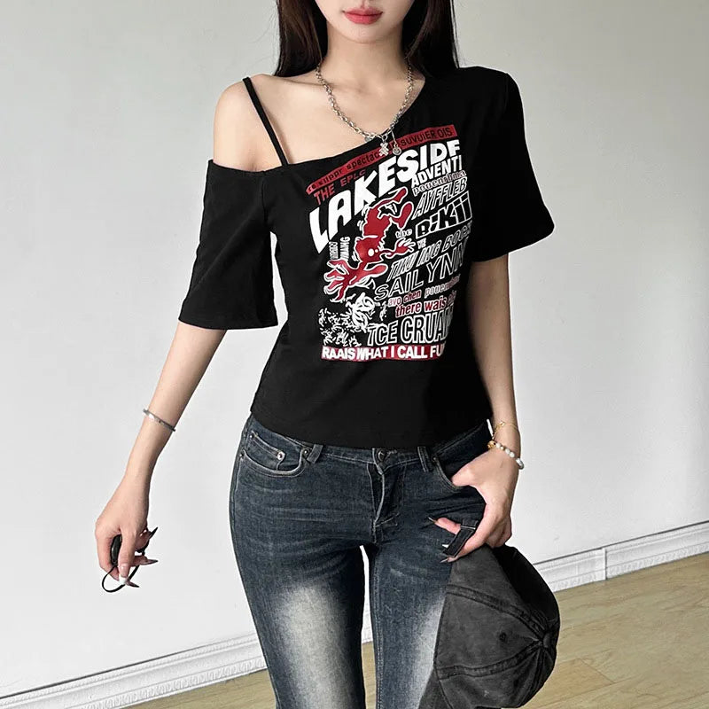 Tee Y2k Letter Print Off Shoulder Punk T-shirts Women Harajuku Summer Streetwear Grunge T Shirt Aesthetic Sexy Crop Tops