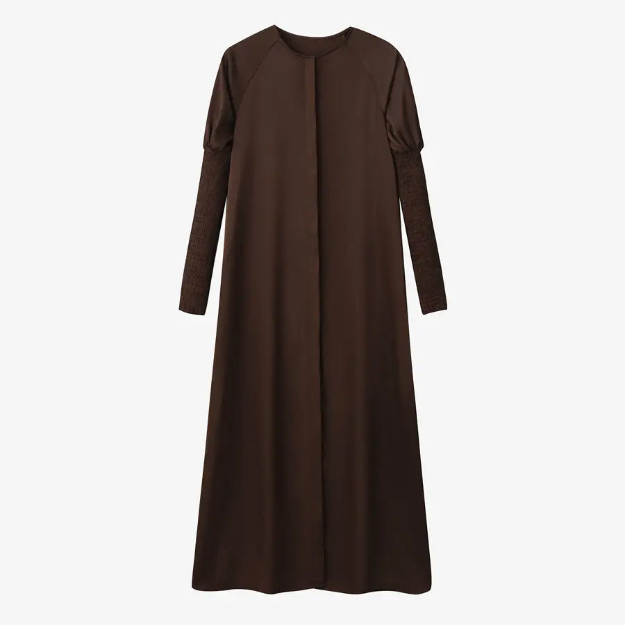 woman clothing satin dress button down design smocking sleeve maxi dress ( Ship out in 1 day)