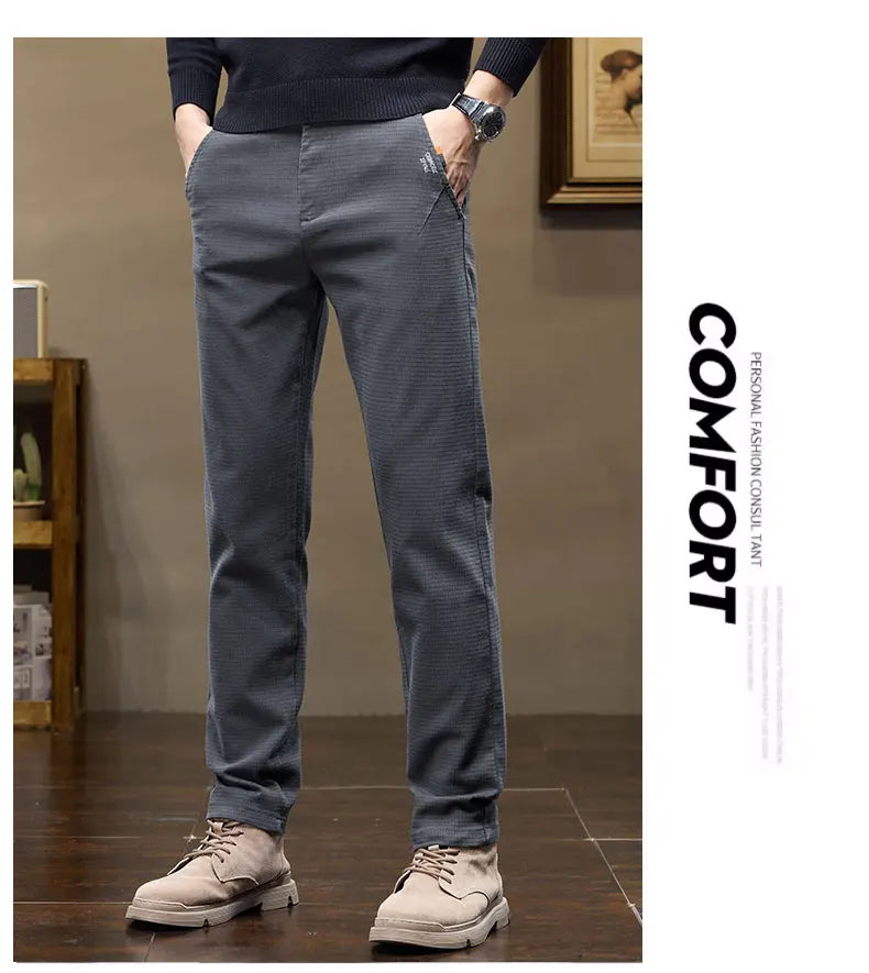 Winter Thicken Men's Solid Slim Straight Casual Pants Business Classic Fleece Trousers Male Warm Plaid Elasticity Pants