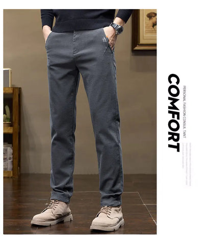 Winter Thicken Men's Solid Slim Straight Casual Pants Business Classic Fleece Trousers Male Warm Plaid Elasticity Pants