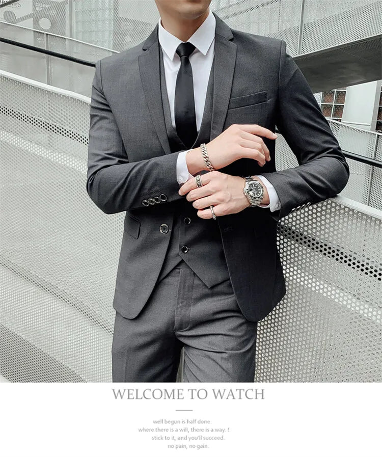 Solid Color Suit Men's Fashionable Gentleman Business Banquet Korean-style Formal Dress Casual Wedding (Blazer+Vest+Trousers)