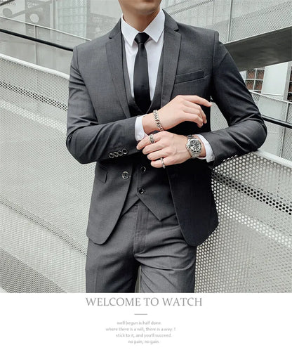 Solid Color Suit Men's Fashionable Gentleman Business Banquet Korean-style Formal Dress Casual Wedding (Blazer+Vest+Trousers)