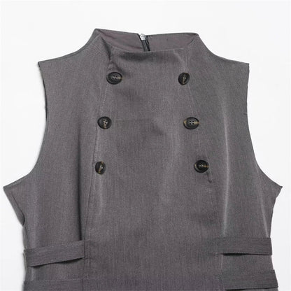Women's two-tone double-breasted high-neck sleeveless top, waist-cinching slim-fit high-street casual women's vest, 2026 new
