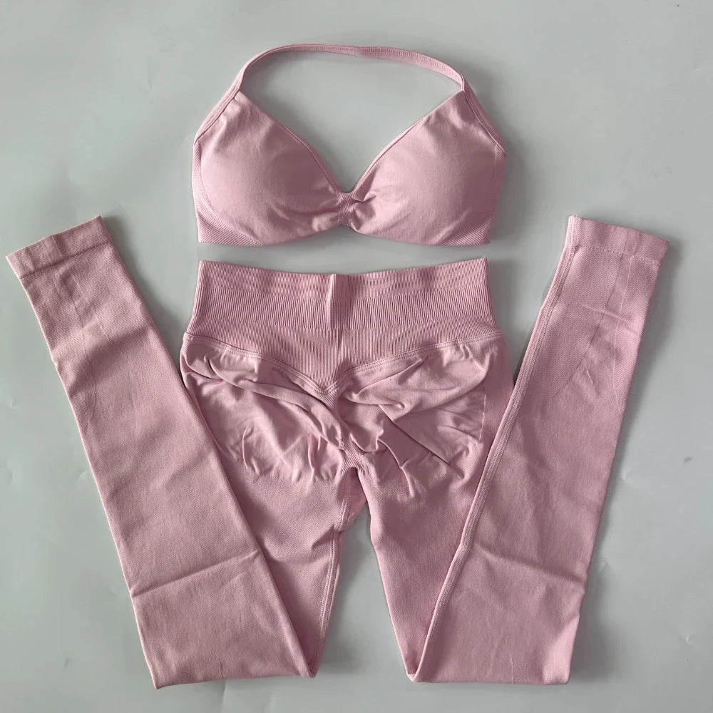 2 Pieces Set For Woman Strappy Yoga Bra Sports Top Workout Leggings Set Seamless Gym Set Fitness Clothes Outfit Activewear