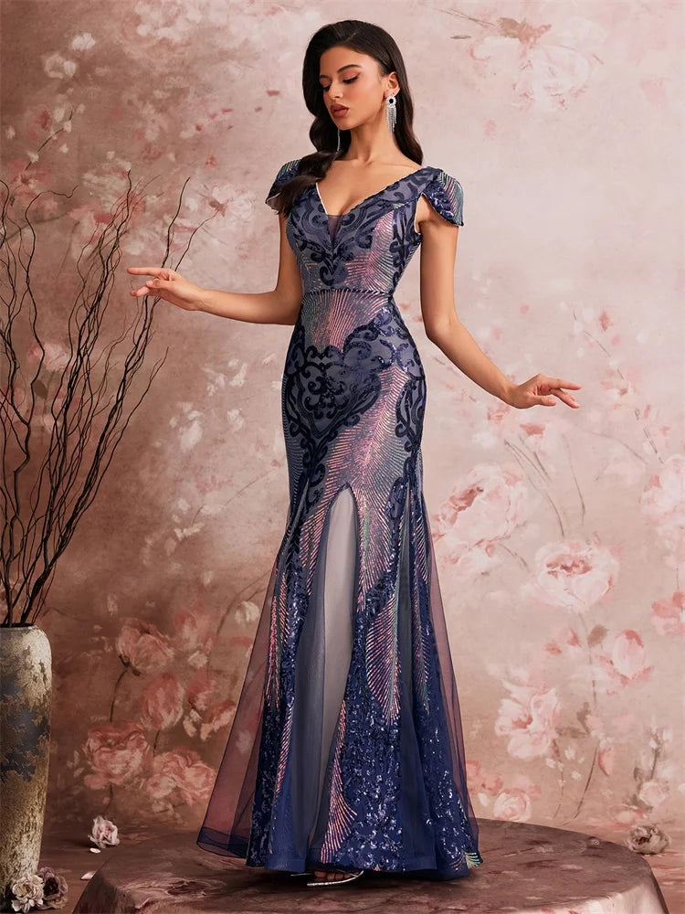 Luxury Cap Sleeve V-neck Sequin Formal Evening Dress Women Elegant Mermaid Party Cocktail Gown Special Event