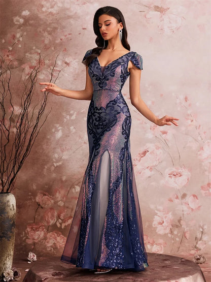 Luxury Cap Sleeve V-neck Sequin Formal Evening Dress Women Elegant Mermaid Party Cocktail Gown Special Event