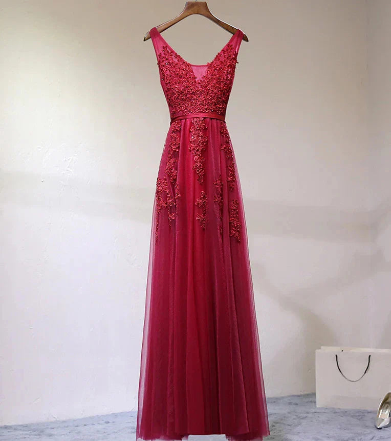 Women Burgundy Evening Dress Lace Appliques Tulle V-Neck Sexy Backless Prom Dresses A-Line Floor-Length Sleeveless Party Vestido