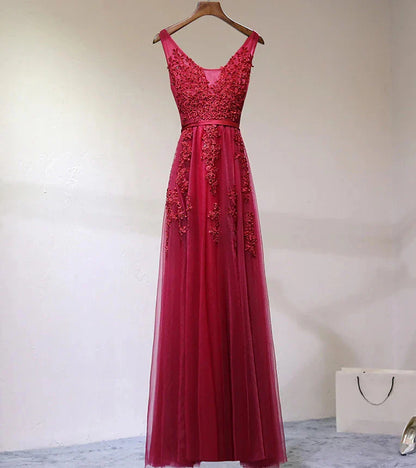 Women Burgundy Evening Dress Lace Appliques Tulle V-Neck Sexy Backless Prom Dresses A-Line Floor-Length Sleeveless Party Vestido