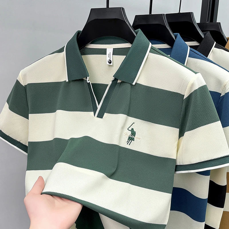 High End Embroidered Polo Shirt for Men, 2026 New Summer Striped Men's Short Sleeved T-shirt, Pure Cotton Lapel Half Sleeved Top