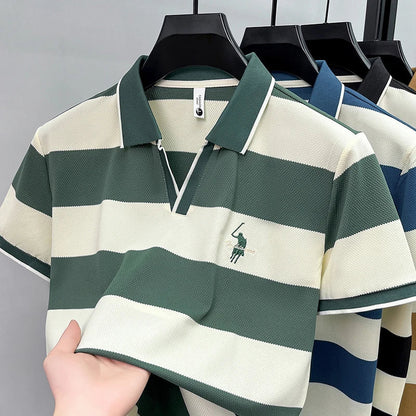 High End Embroidered Polo Shirt for Men, 2026 New Summer Striped Men's Short Sleeved T-shirt, Pure Cotton Lapel Half Sleeved Top