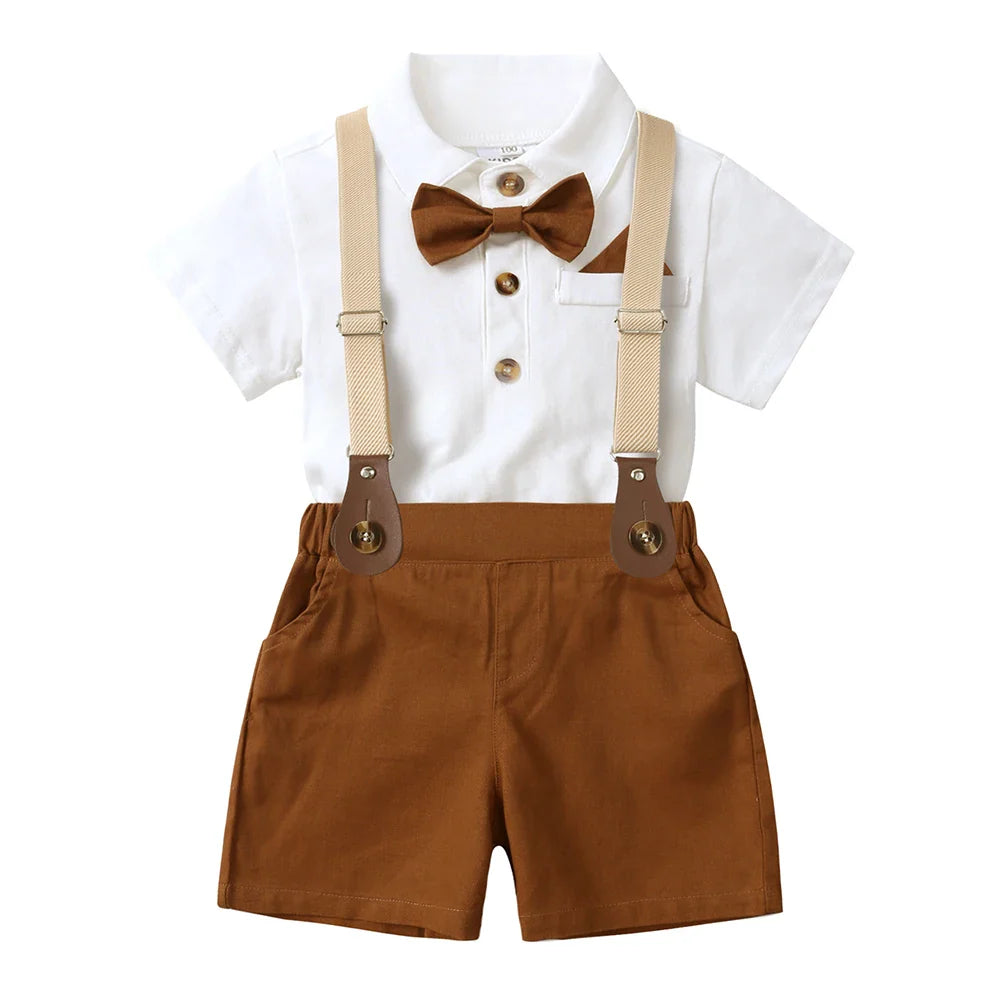 2026 Baby Boy Formal Birthday Outfit Suit Toddler Gentleman Clothes Infant Short Sleeve Bowtie Shirt+Suspender Pants Casual Sets