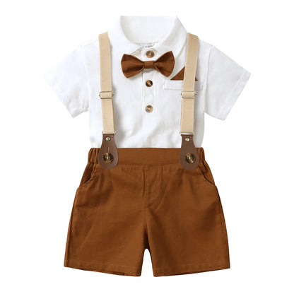2026 Baby Boy Formal Birthday Outfit Suit Toddler Gentleman Clothes Infant Short Sleeve Bowtie Shirt+Suspender Pants Casual Sets