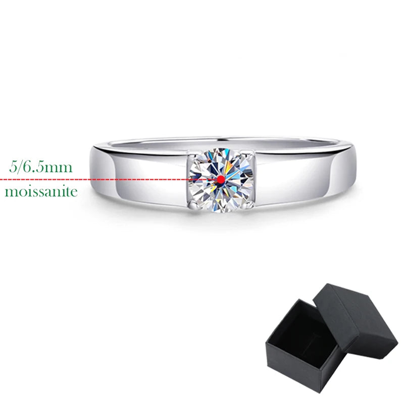 D Color 0.5CT 1CT Moissanite Ring for Men 925 Sterling Silver Simulation Diamond Wedding Band Classic Round Cut with